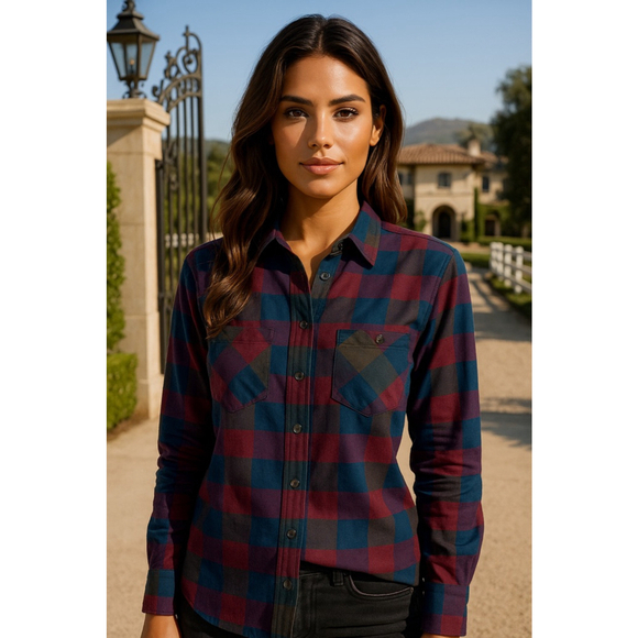 Natural Reflections Tops - Natural Reflections Plaid Cotton Button-Up Shirt Burgundy Blue Olive Autumn Boho